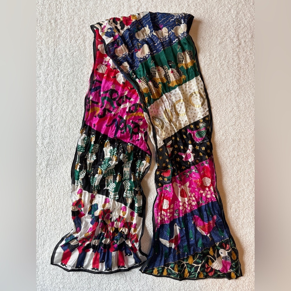Twelves Days of Christmas Scarf, Colorful. Partridge Pear Tree, Golden Rings